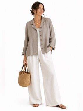 FLAX 100% Linen Jacket Women M Taupe Minimalist Lagenlook Coastal